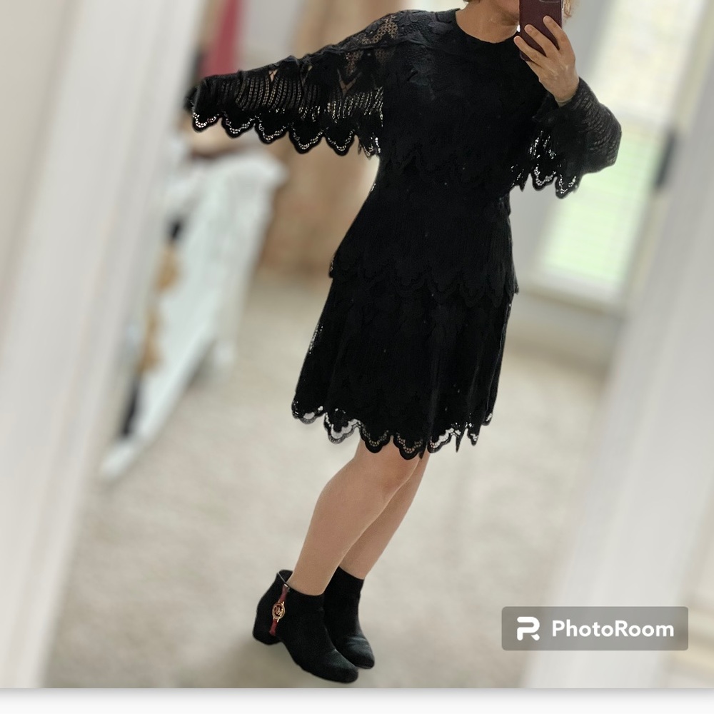 Vtg Marian Clayden Dress Floral Lace Guipure Crochet Batwing Wednesday Addams